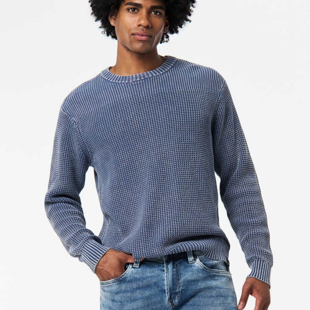Buffalo David Button Size Large Mens Blue Washy Textured Knit Crewneck Sweater